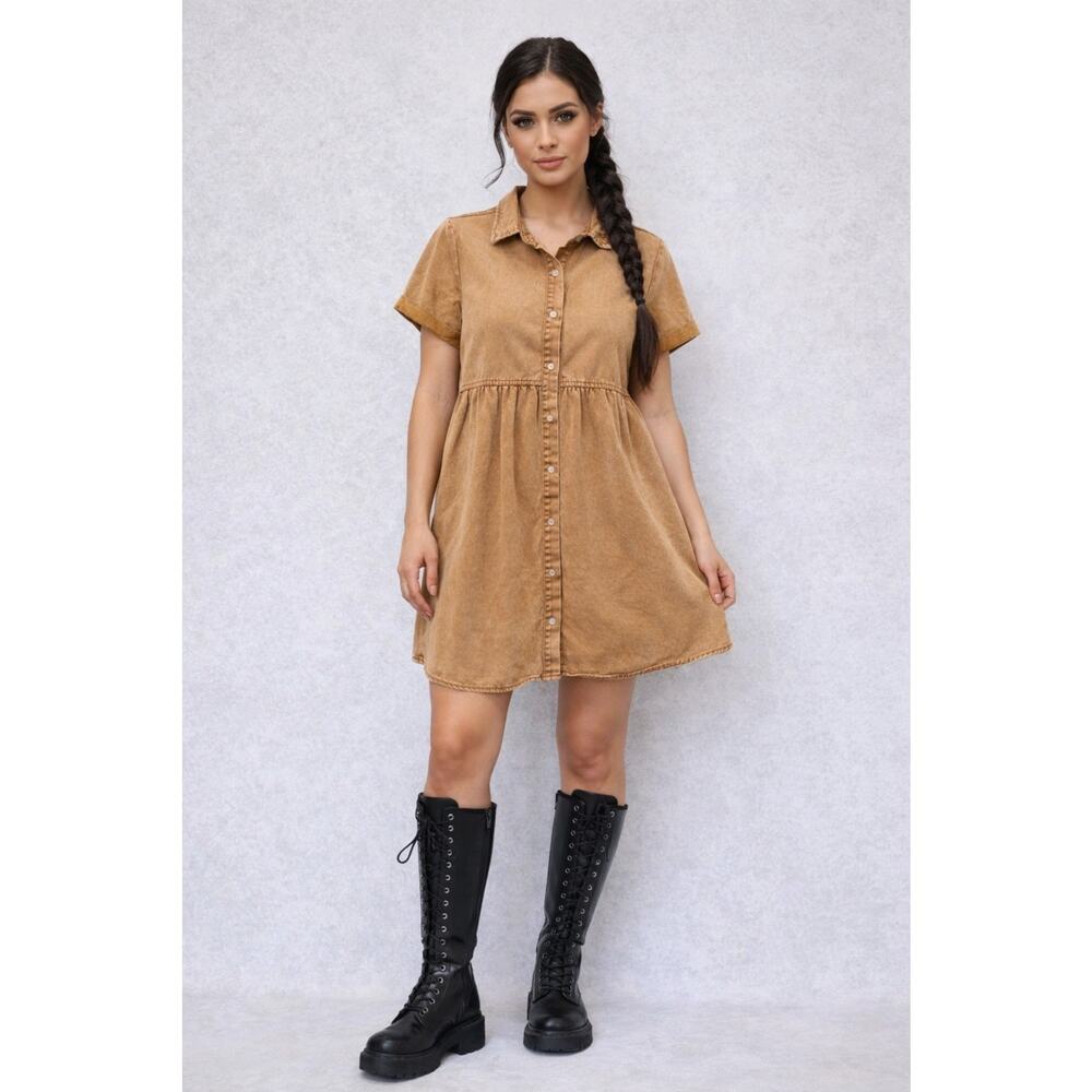 VTG Y2K Camel Brown Denim Babydoll Dress Sz S ButtonDown CottonBlend Tiered Back